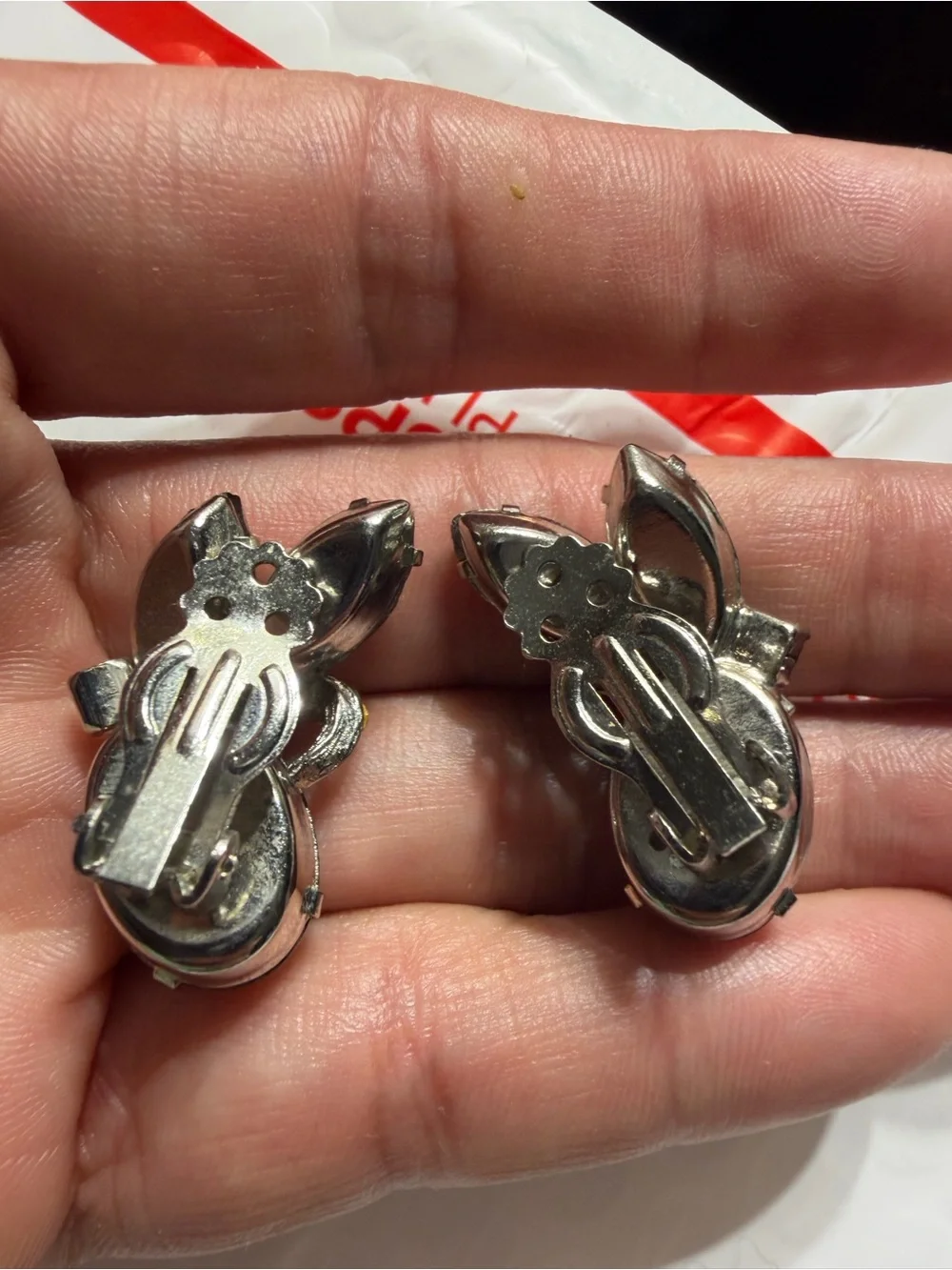 Vintage Silver Tone Watermelon Rhinestone Clip On Earrings